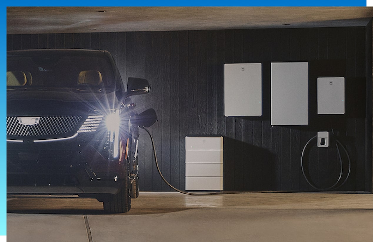 Black cadillac in garage with GM Energy Home System