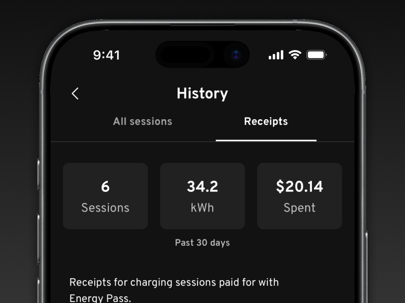 Upclose of phone with digital receipts from EV charging history