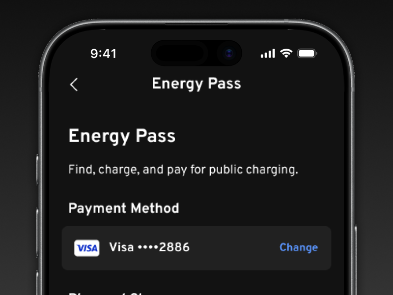 Upclose of phone with GM vehicle app showing Energy Pass payment screen