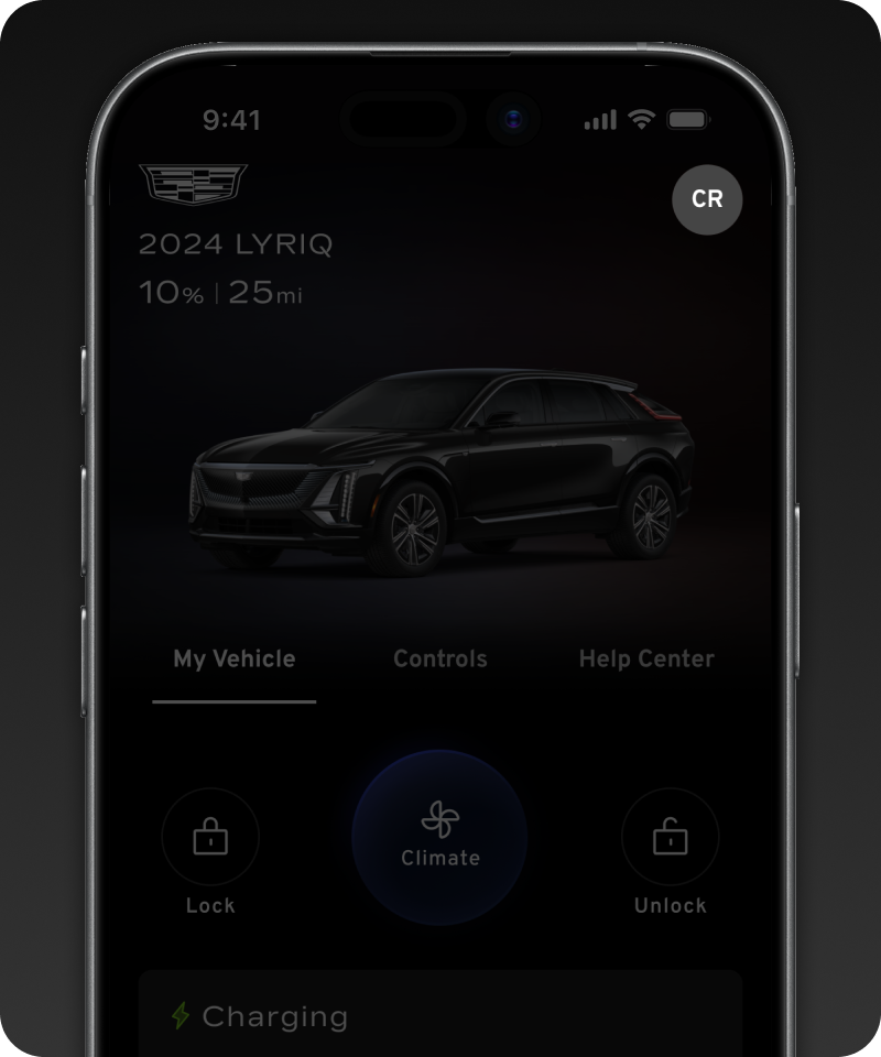 Home screen of GM vehicle mobile app with Energy Pass and customer's initials highlighted in top right corner