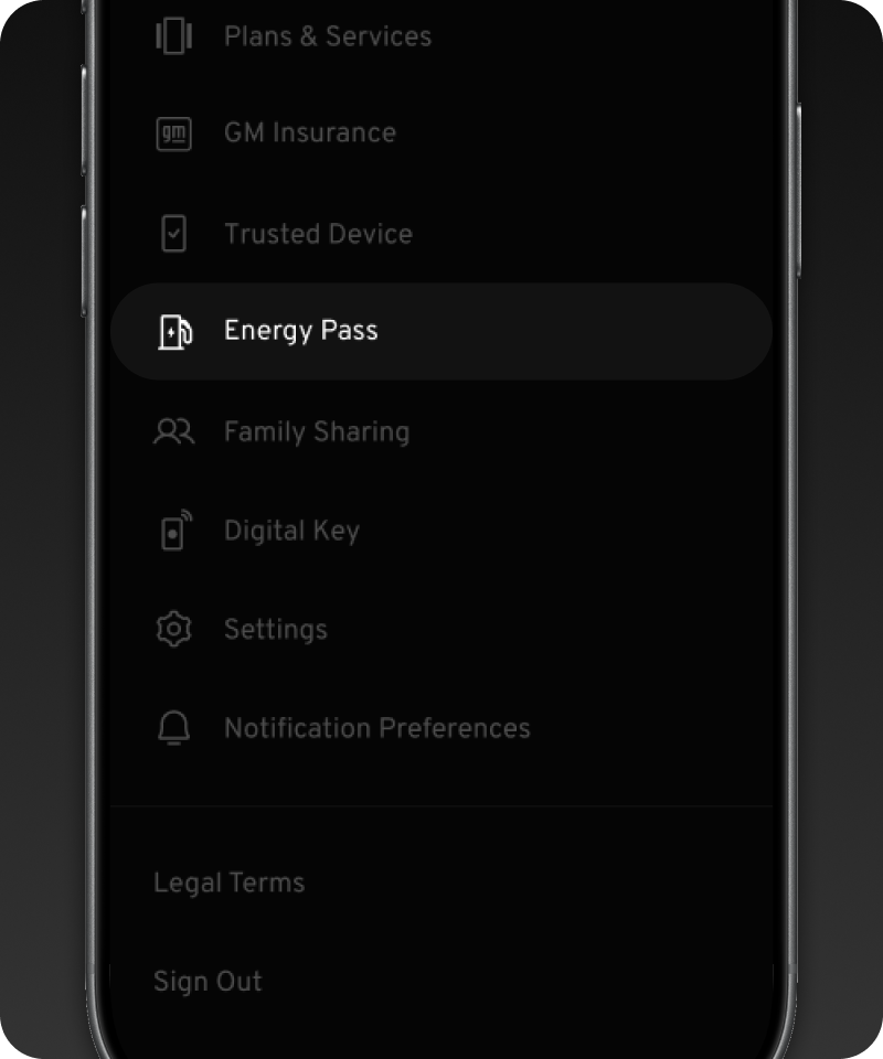 Phone screen with dropdown menu highlighting Energy Pass