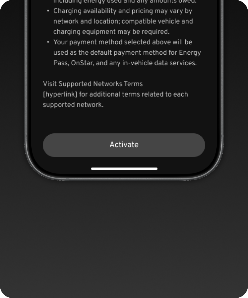 Energy Pass screen with Activate button in focus to add payment method