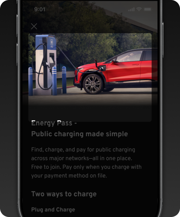 Home screen of GM vehicle mobile app with Energy Pass and customer's initials highlighted in top right corner