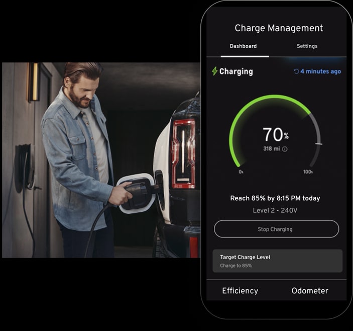 Man plugging in EV charger alongside GM Energy mobile tools app interface