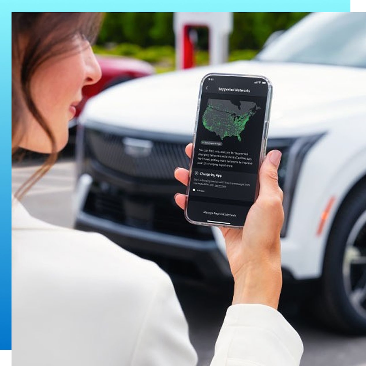 Woman using vehicle mobile app