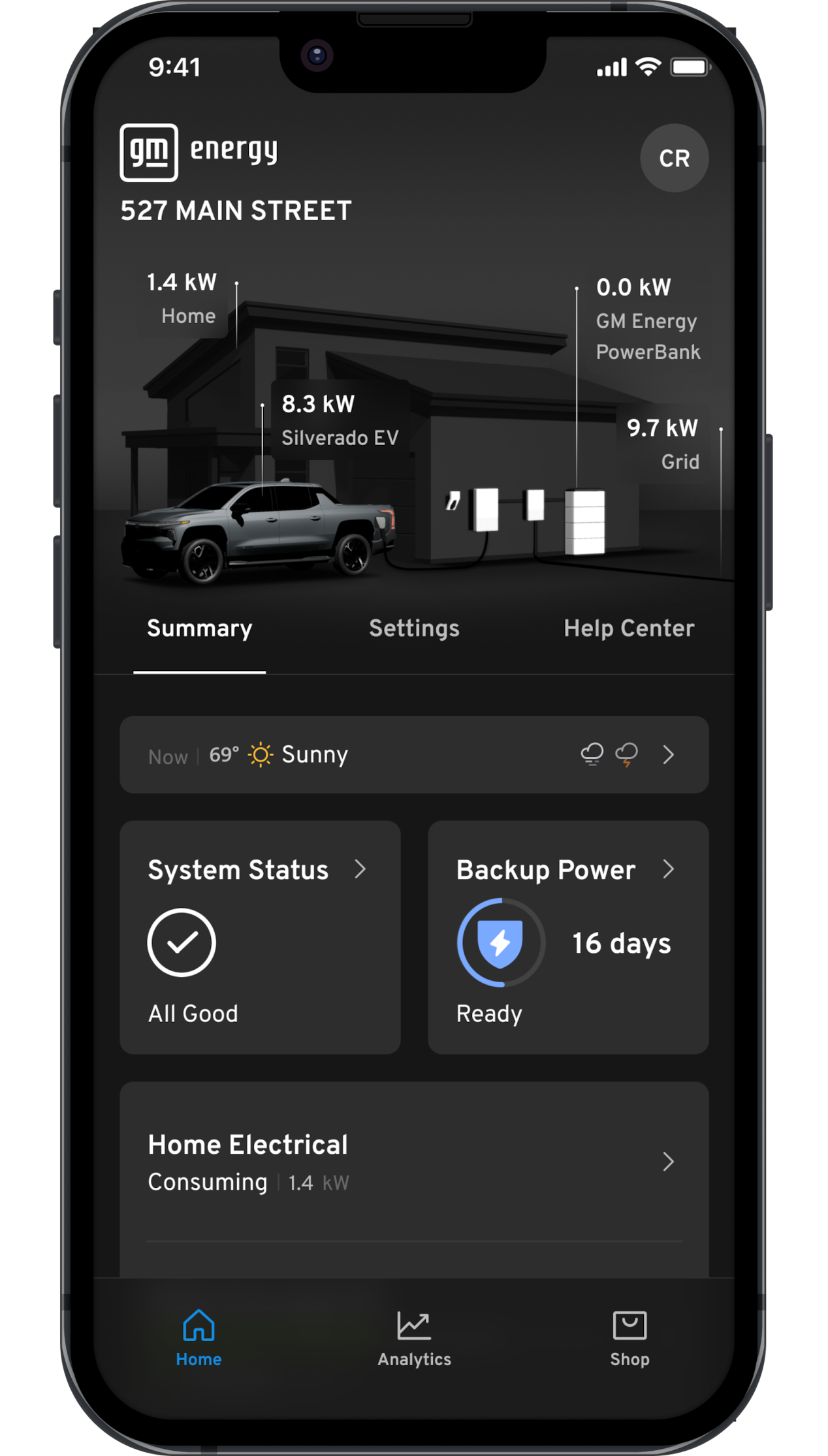 GM Energy Home Energy Management mobile app screen on mobile phone