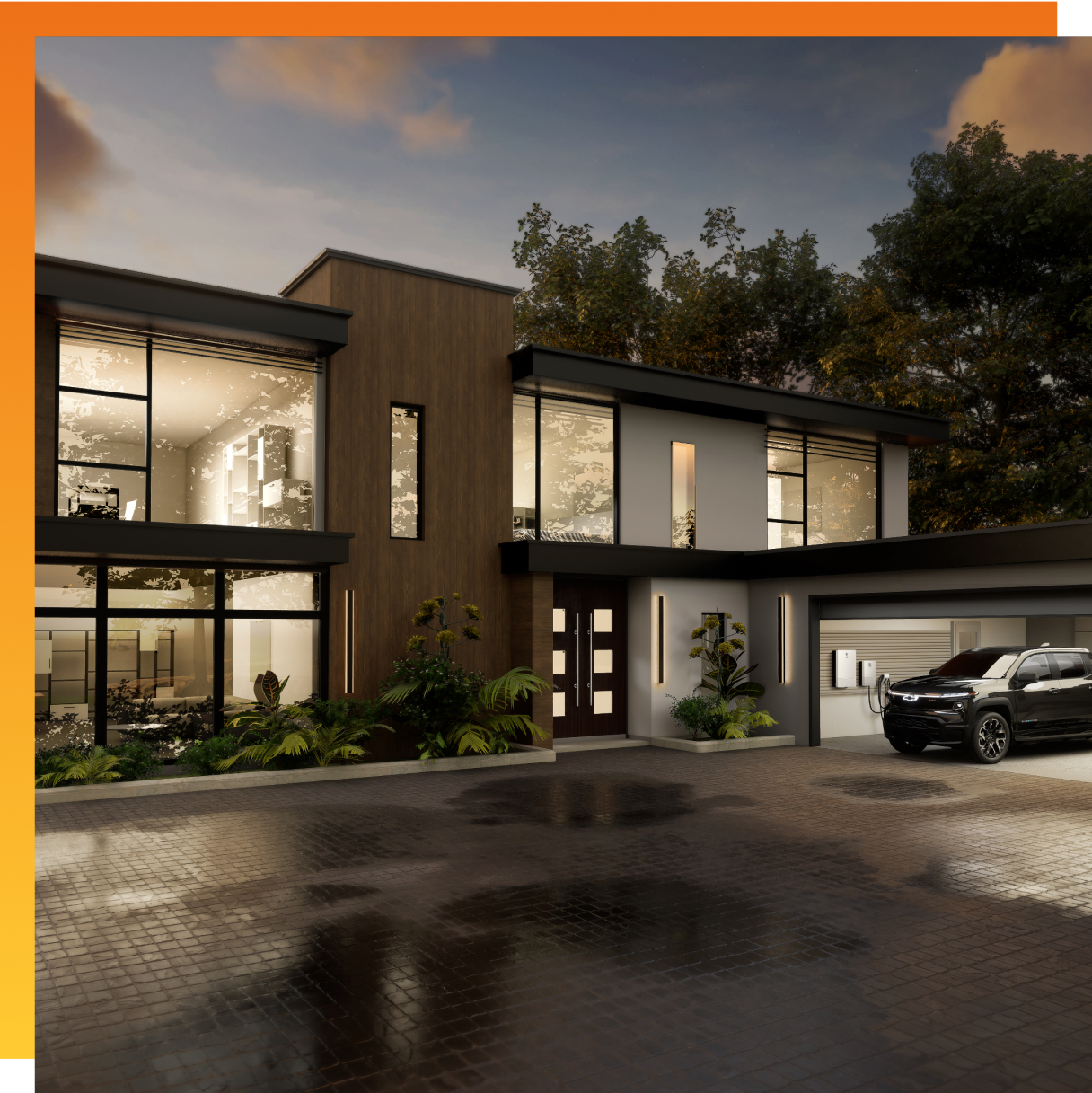 two story modern home with EV charging in garage