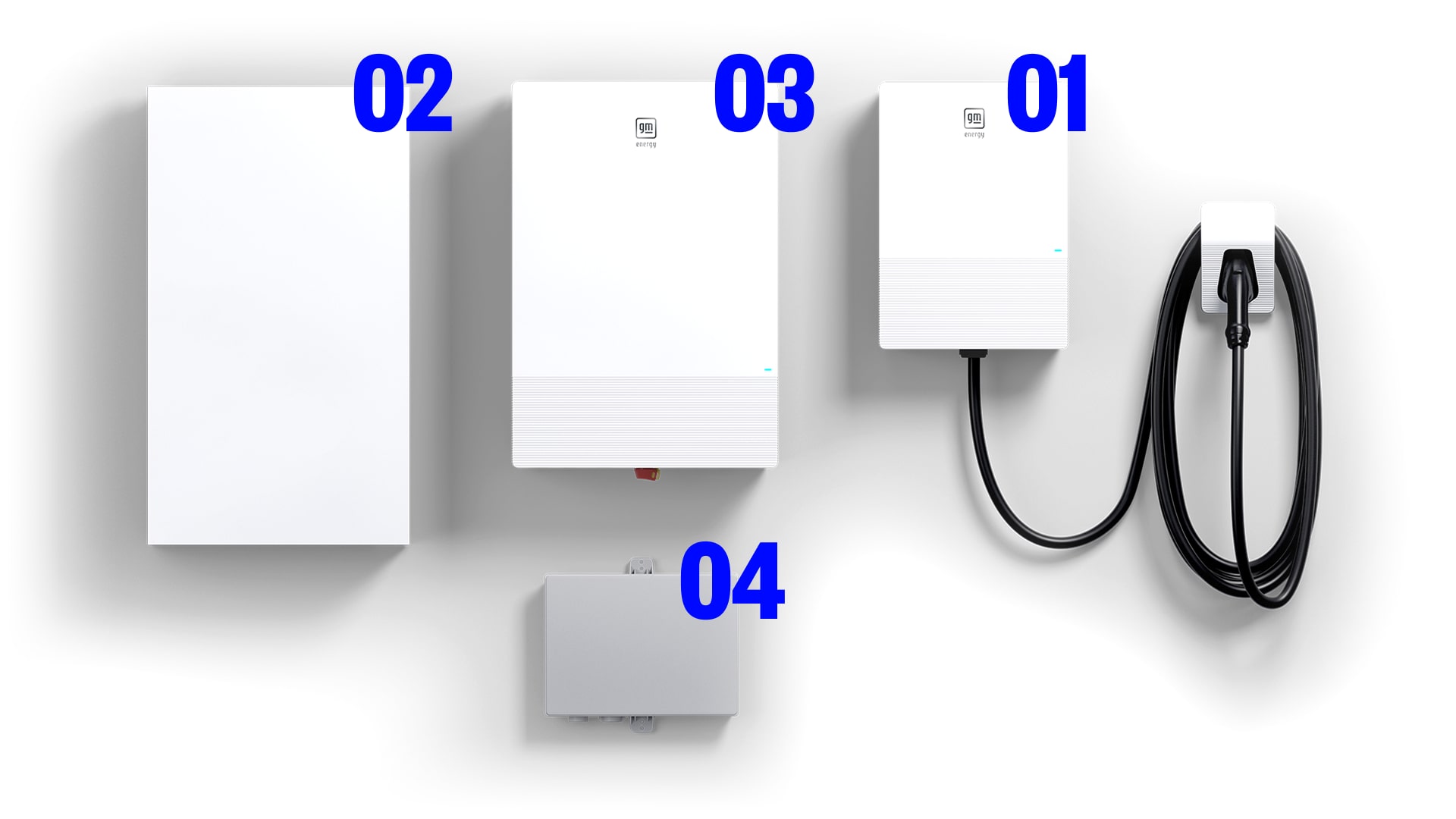 GM Energy Home System components including GM Energy PowerBank, Home Hub, Inverter, and PowerShift Charger