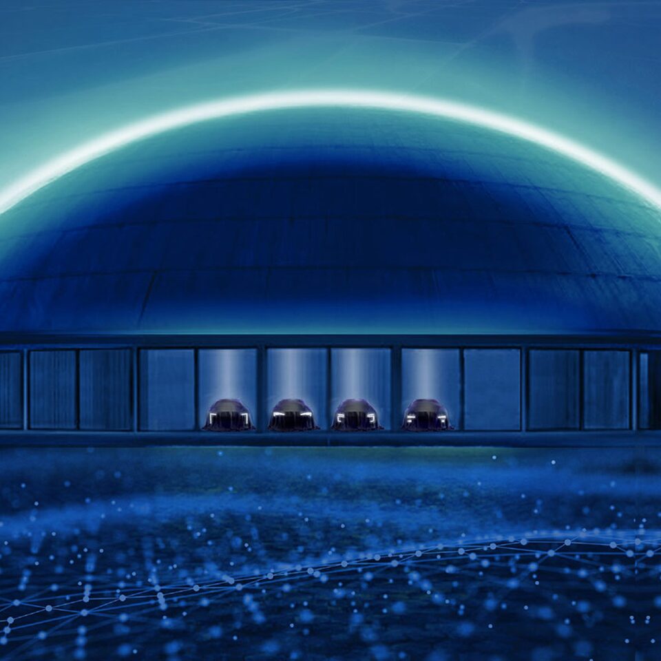 An abstract scene set a night showcasing four cars with their lights on set back in a blue glowing dome garage.