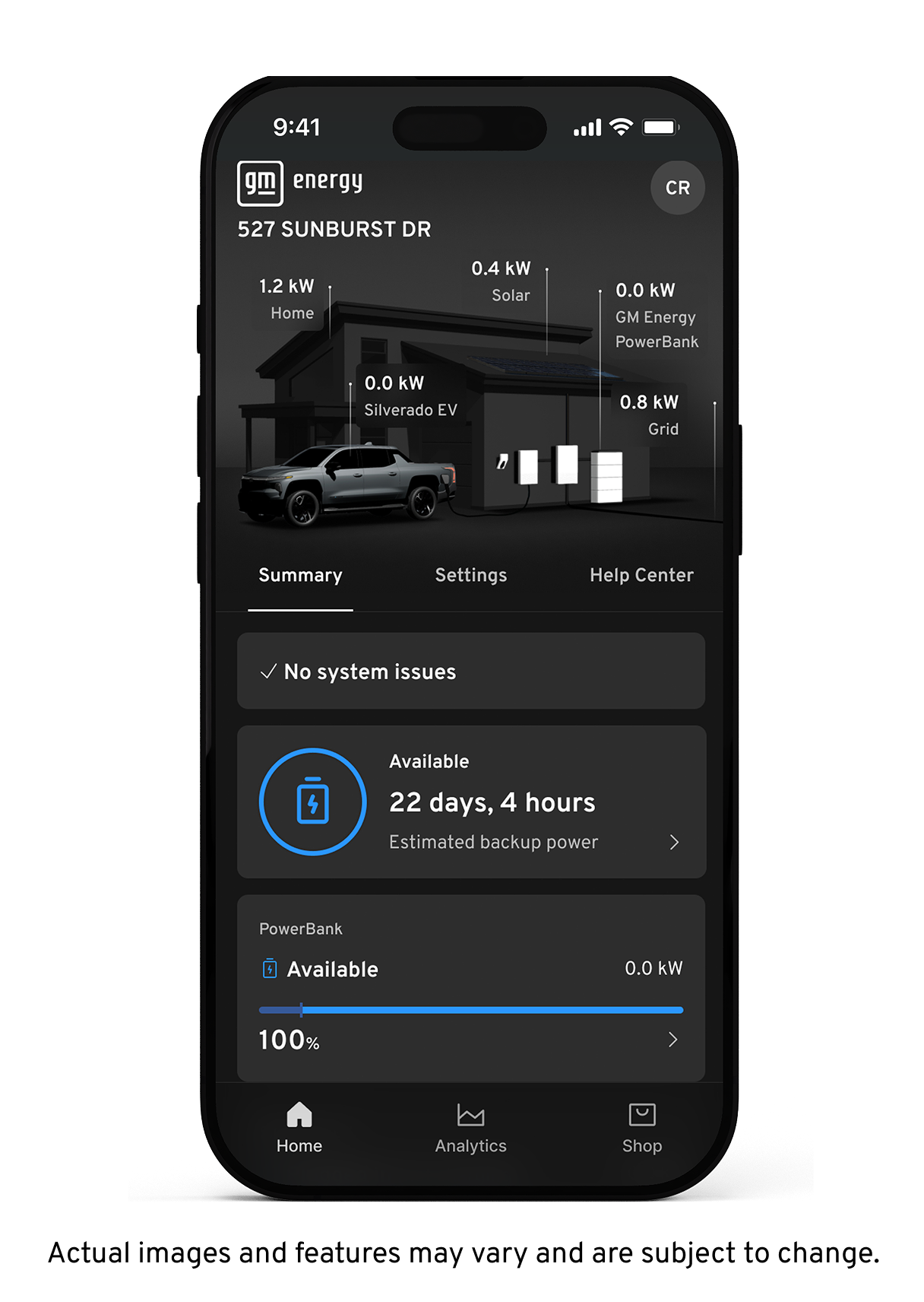 GM Energy Home Energy Management System App, Home Screen